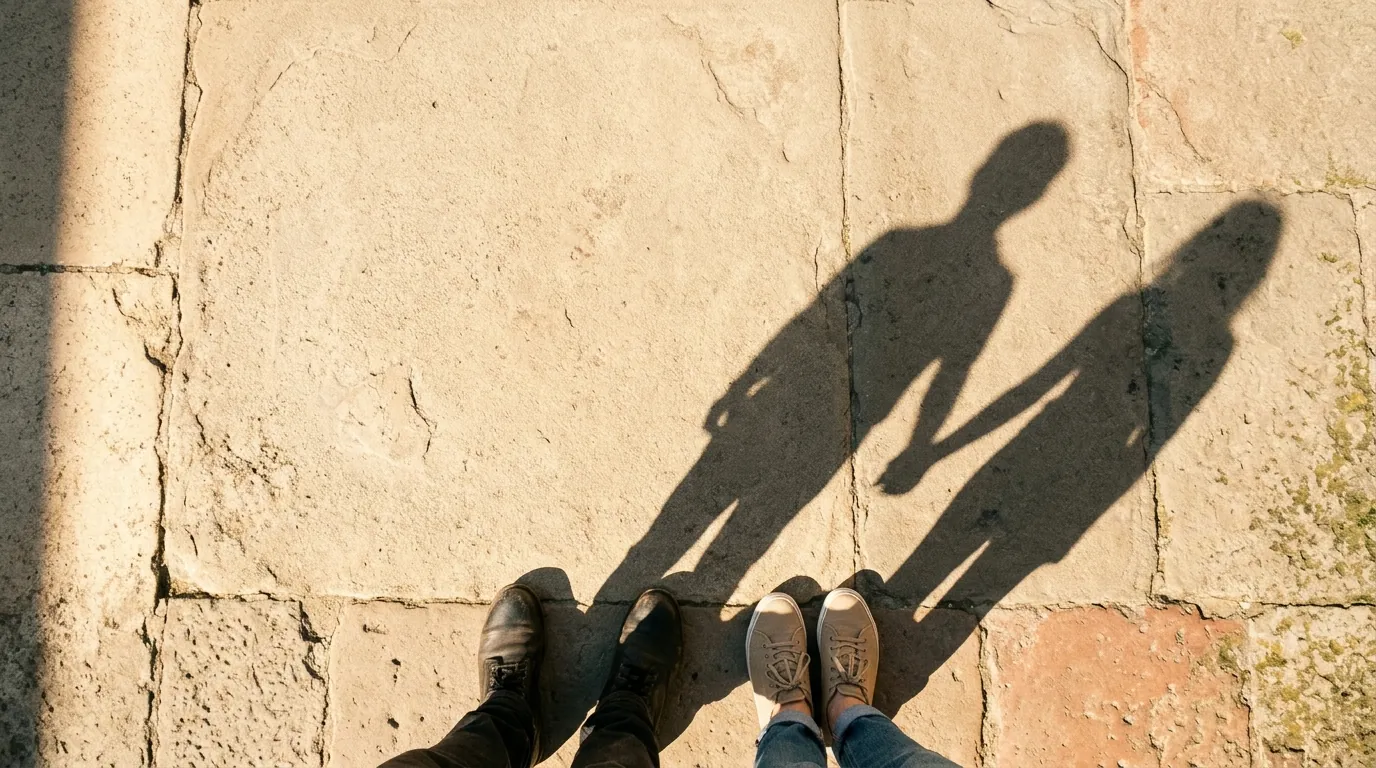 Die Schatten eines Paares, das sich an den Händen hält, auf warmem Steinpflaster