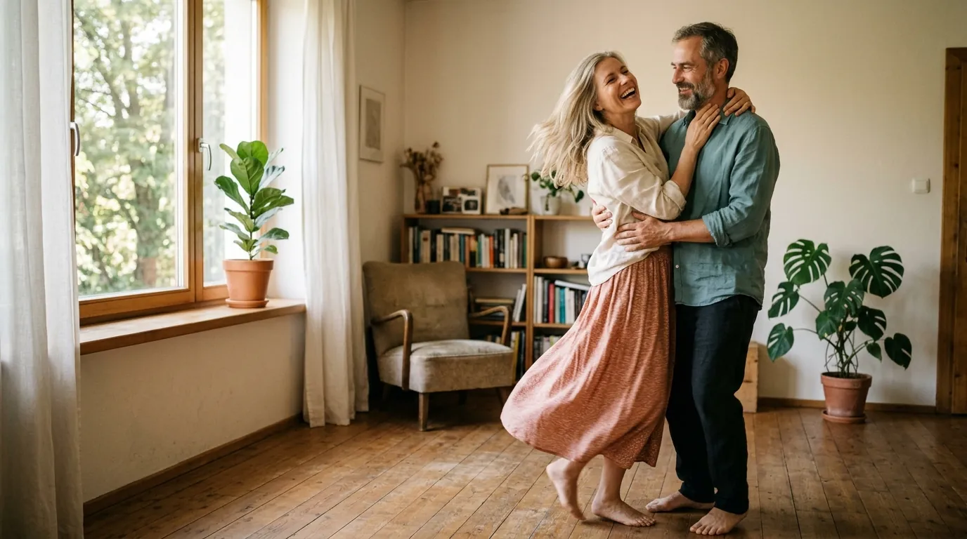 Ein Paar tanzt lachend und barfuß in einem hellen Wohnzimmer